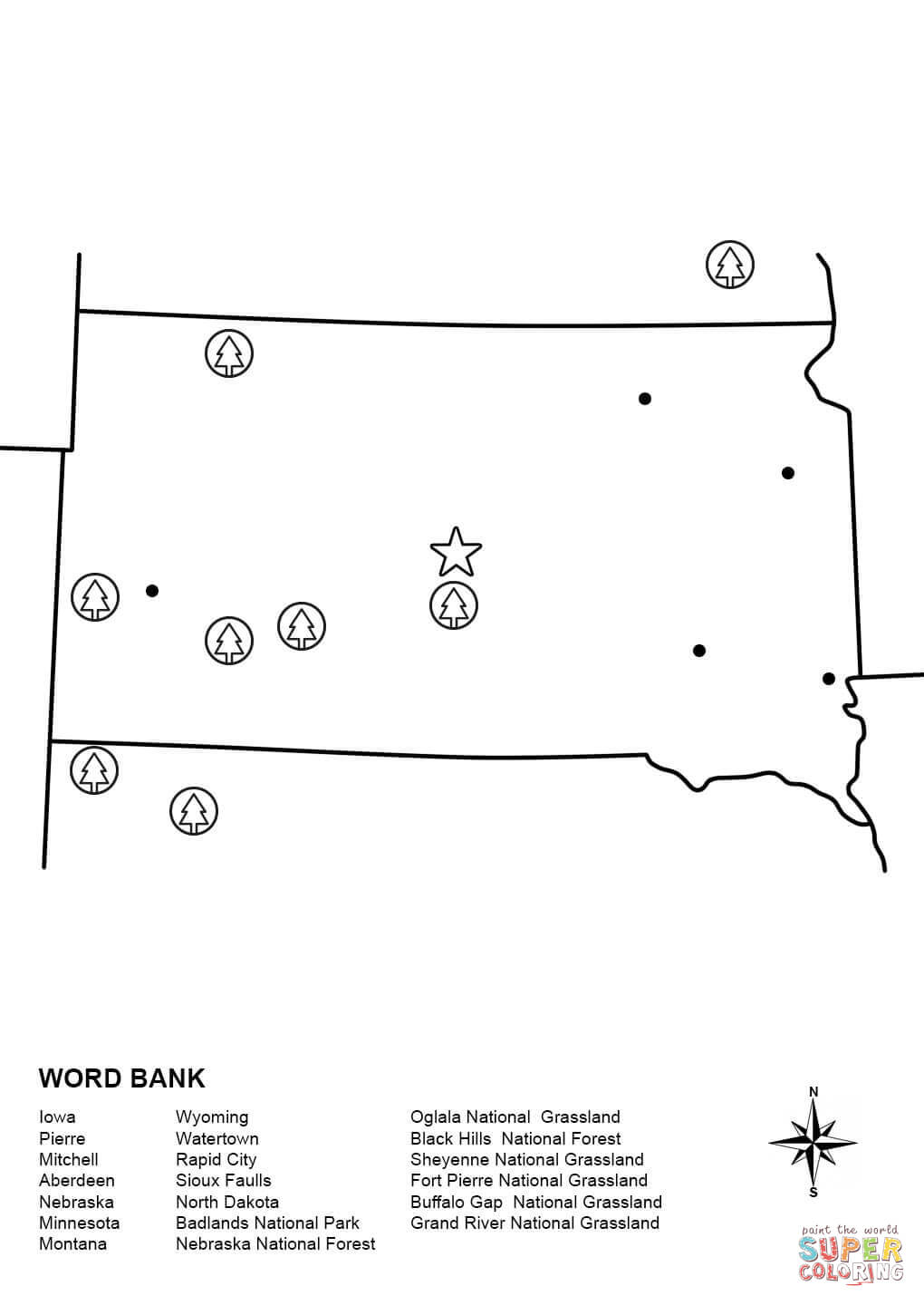 South dakota map worksheet coloring page free printable coloring pages