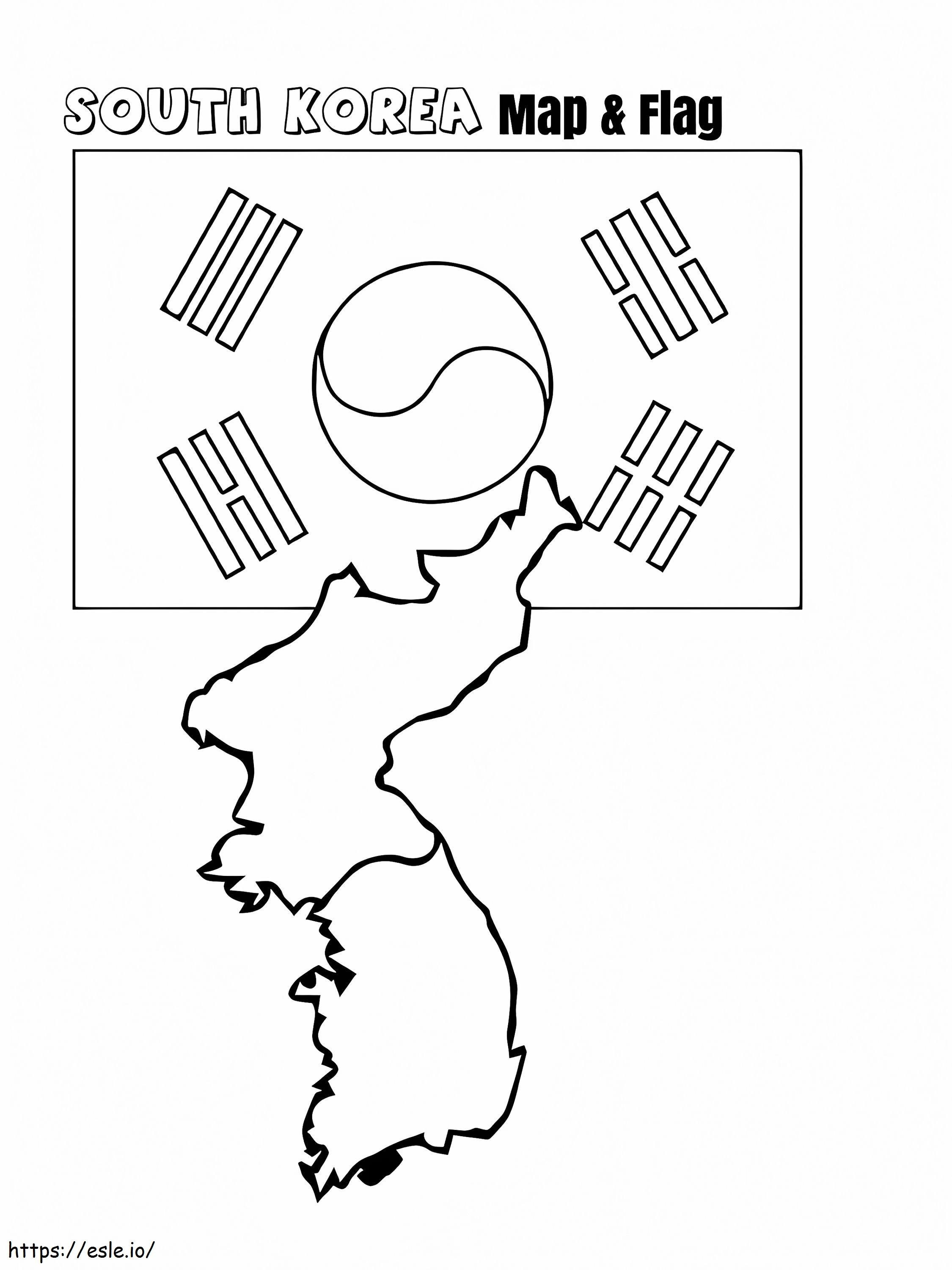 South korea map and flag coloring page