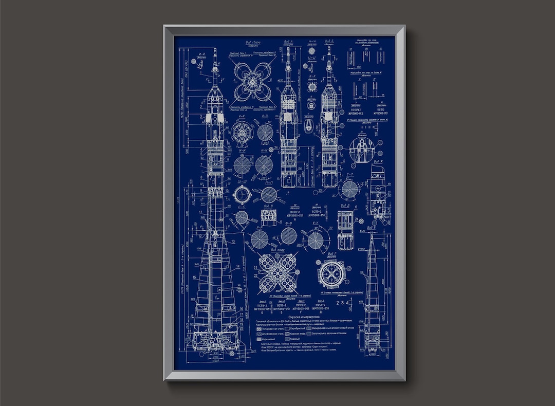 Vintage russian soyuz rocket blueprint poster soyuz rocket plans rocket ship decor ussr spaceship russian rocket ship decor cosmonaut