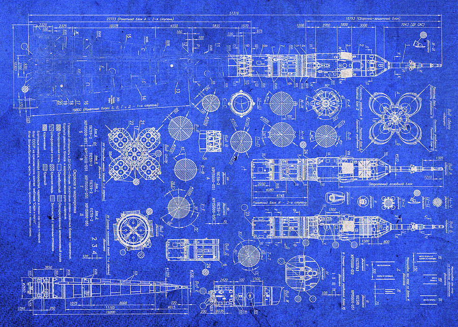 Soyuz rocket blueprints mixed media by design turnpike
