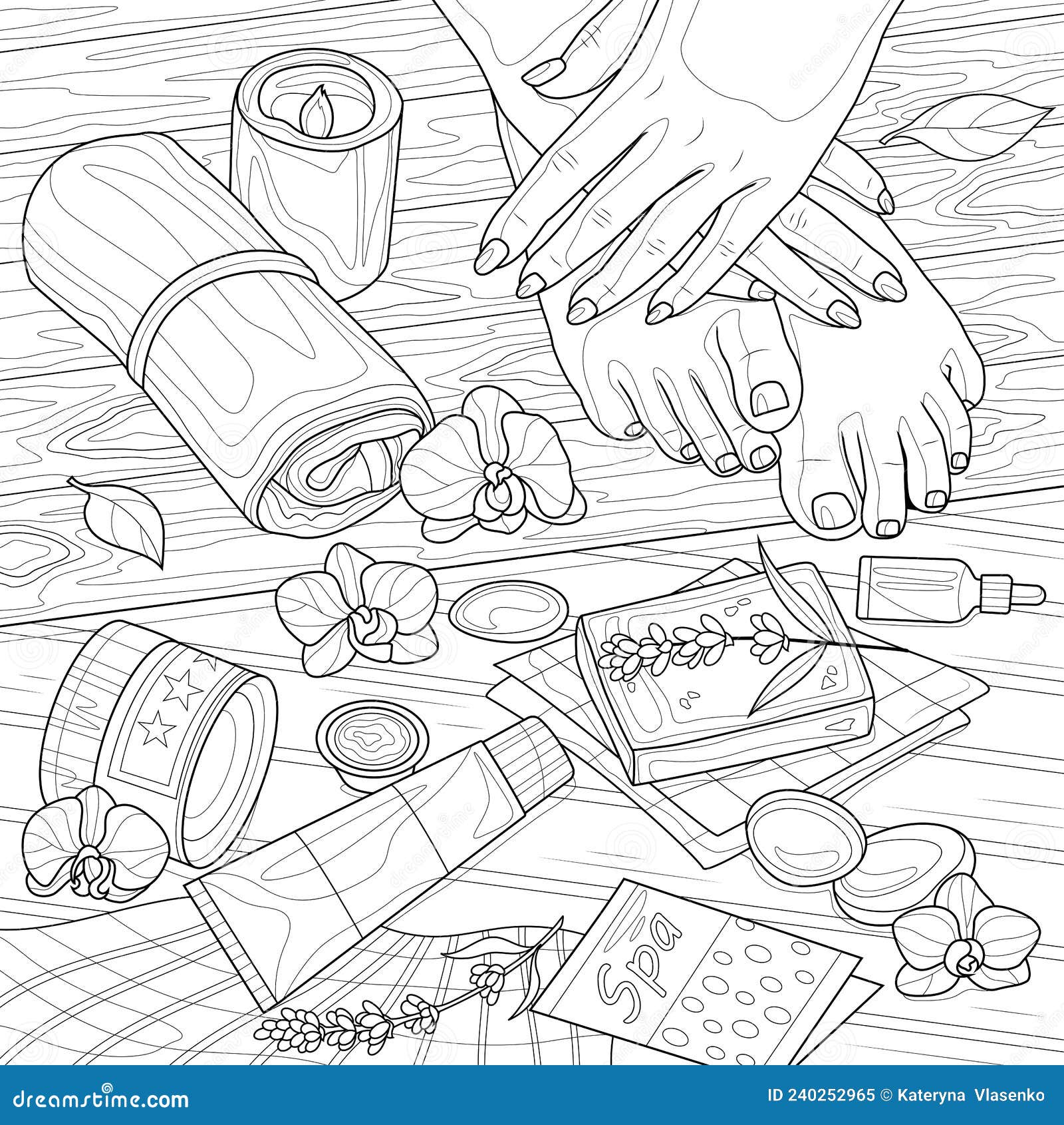 Spa supplies and hands and feetcoloring book antistress for children and adults stock vector