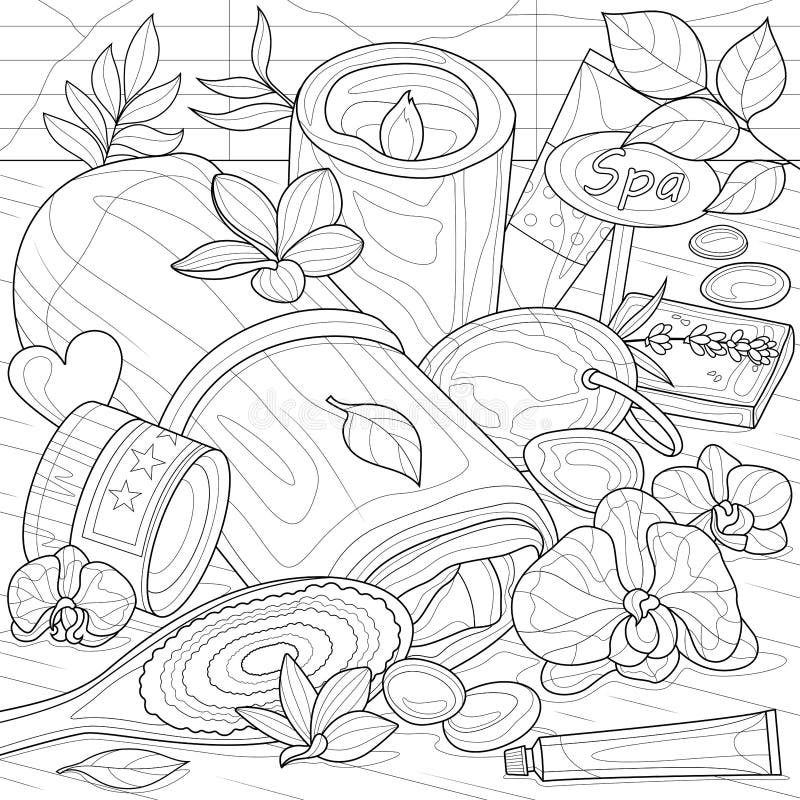 Accessories for spa procedurescoloring book antistress for children and adults stock vector