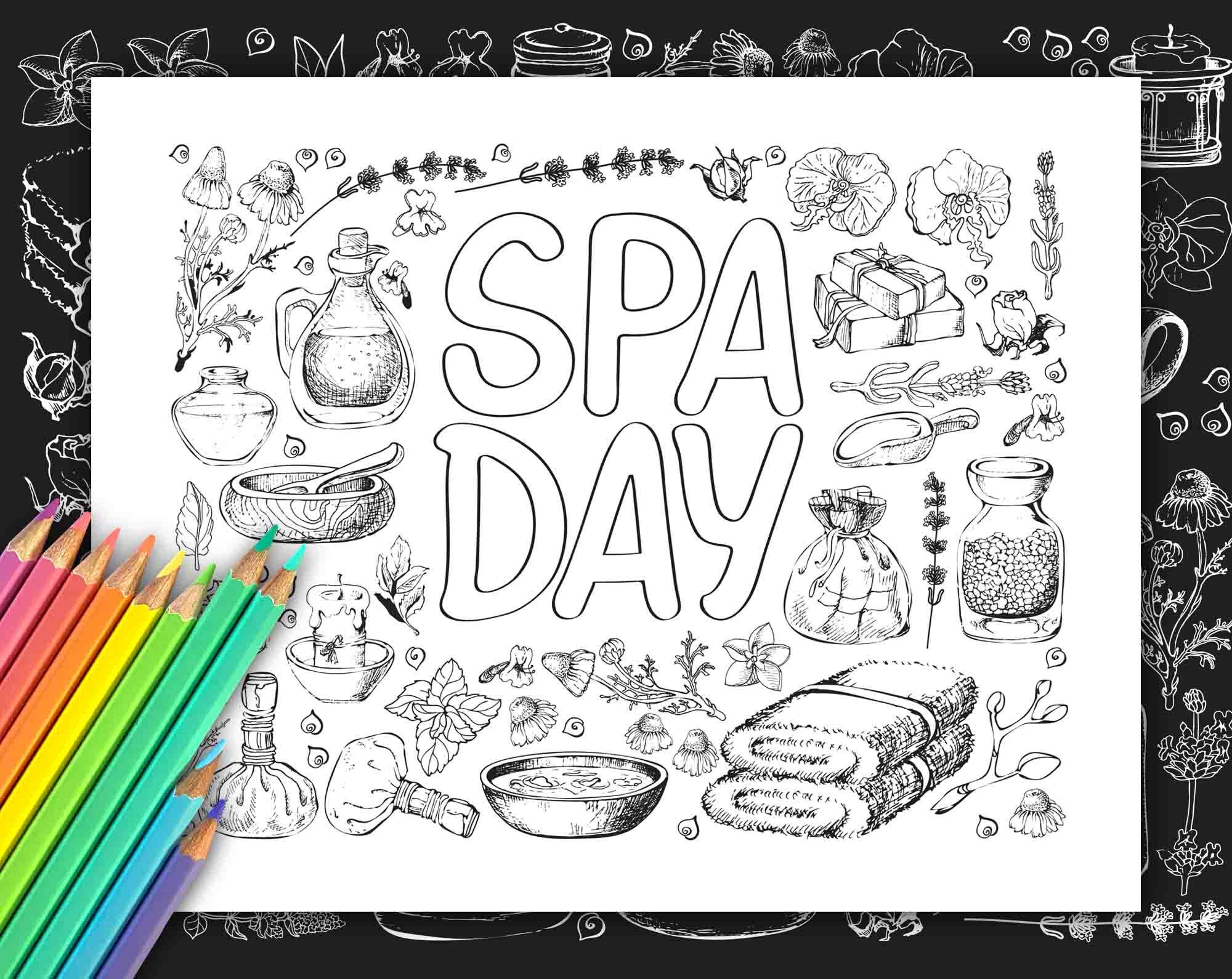 Spa coloring pages adult coloring books printables spa decor stress relief instant download spa relax unwind renew digital print