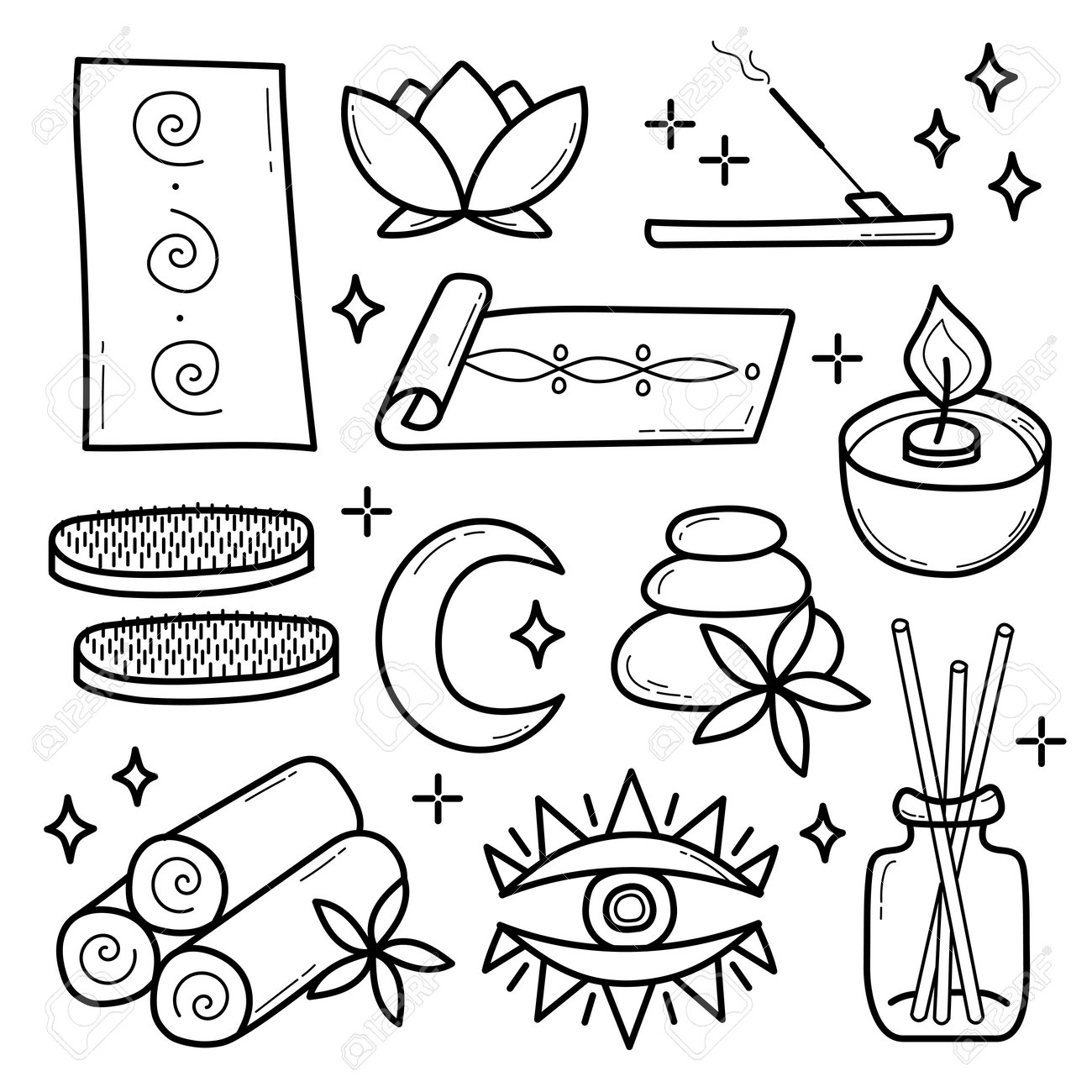 Vector set of spa and yoga icons sketch or doodle style on white outline coloring page elements royalty free svg cliparts vectors and stock illustration image