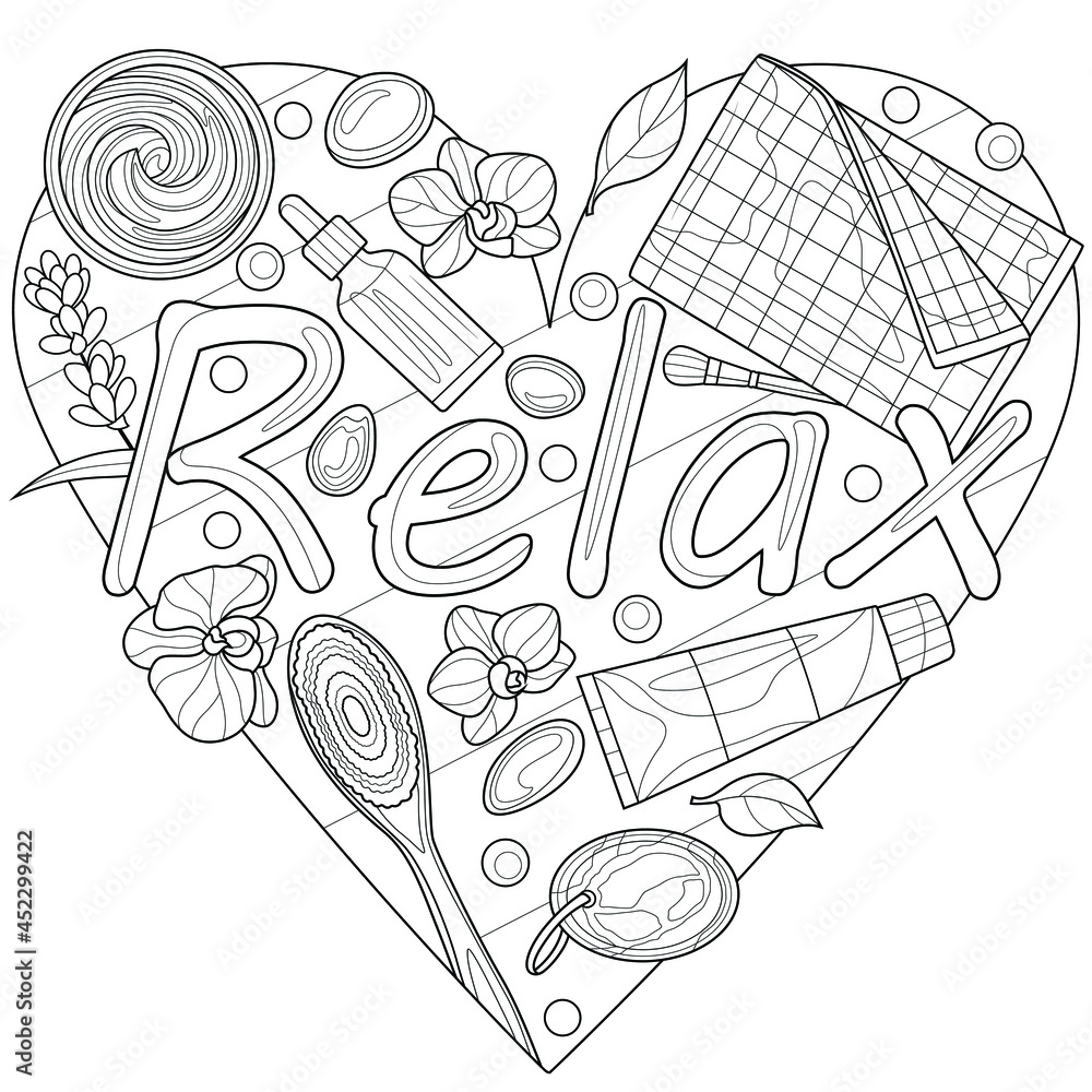 Vektorovã grafika âheart shaped spa suppliescoloring book antistress for children and adults illustration isolated on white backgroundzen