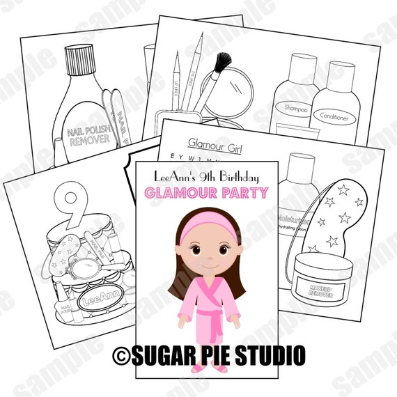 Spa coloring activity book pdf or jpeg template makeup salon theme favor kids printable personalized custom