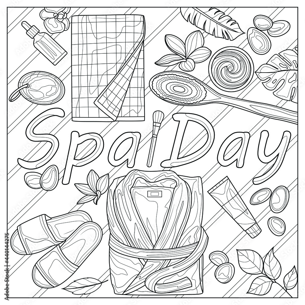 Spa daybath stuffcoloring book antistress for children and adults illustration isolated on white backgroundzen