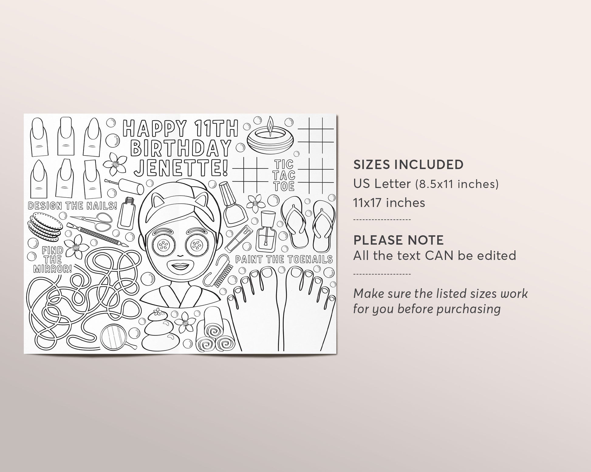 Spa party coloring placemat for kids editable template pamper manicure â puff paper co