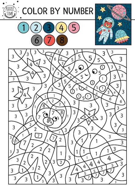 Premium vector vector space color by number activity with astronaut planet ufo astronomy coloring and counting game with cute cosmonaut stars funny cosmos coloration page for kids xa
