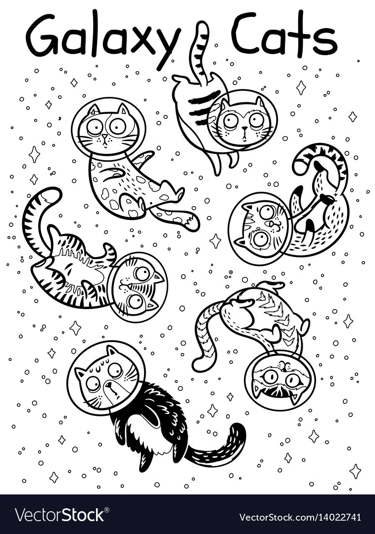 Outline print with cats in space coloring vector image