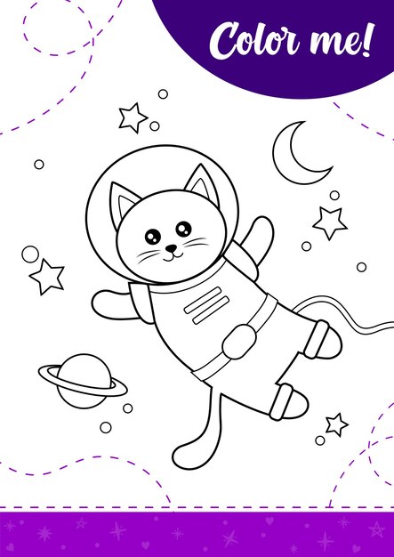 Premium vector coloring page for kids with cute cat in space