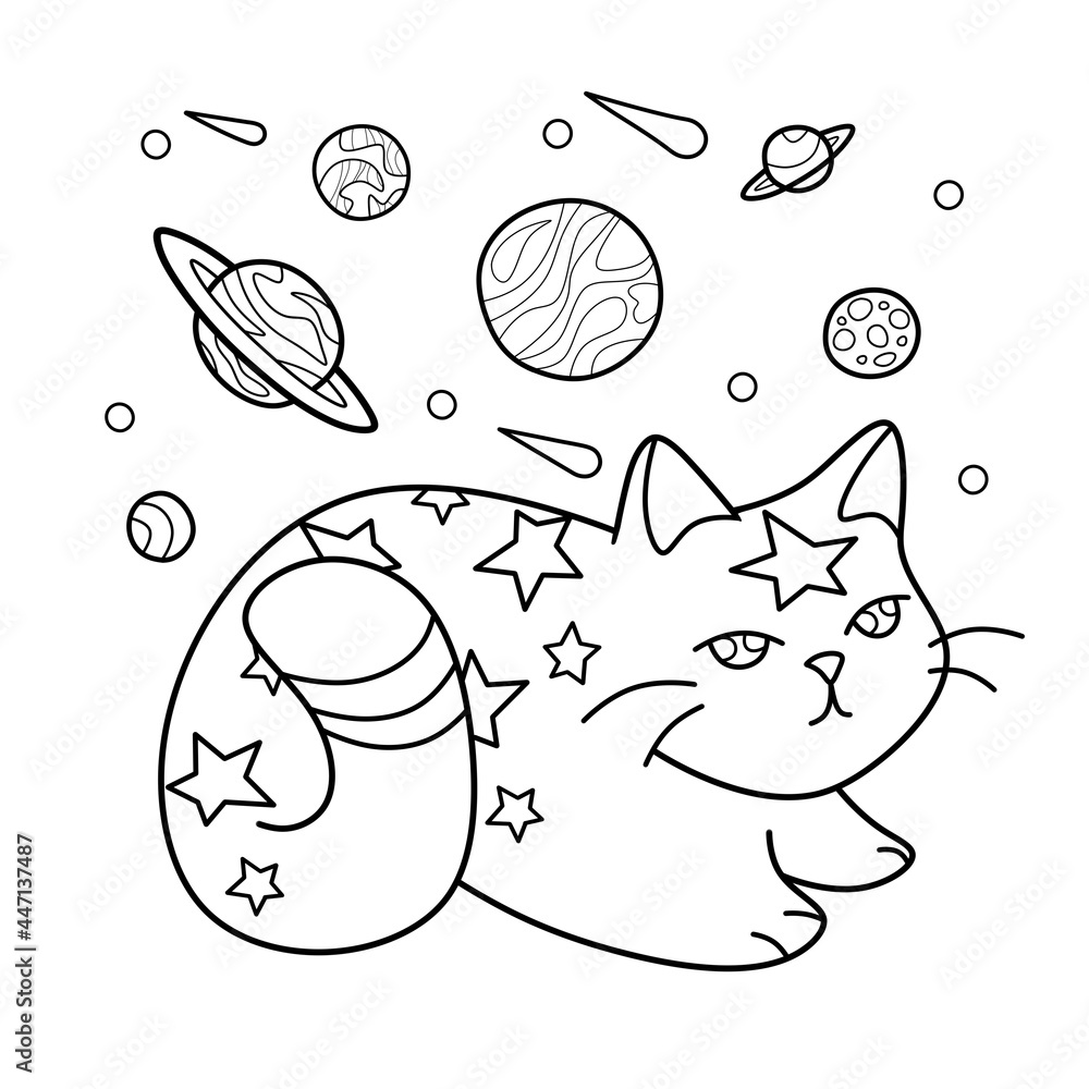 Coloring antistress page for adults and children space cat illustration