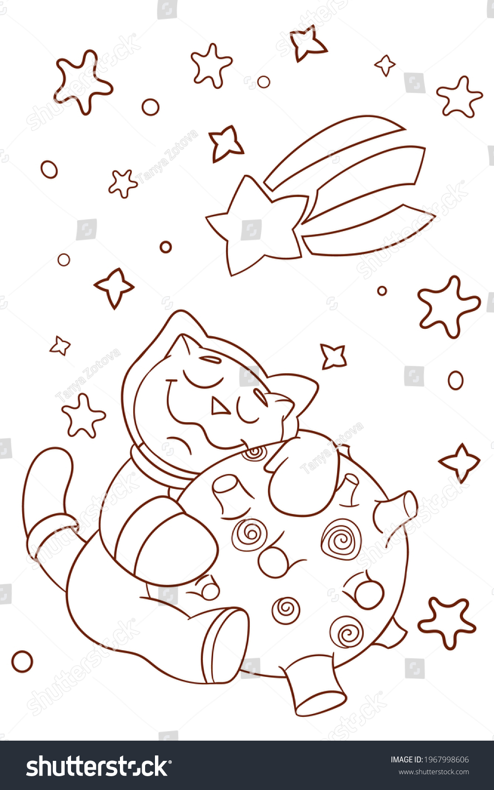 Coloring page cute space cat hugs stock illustration