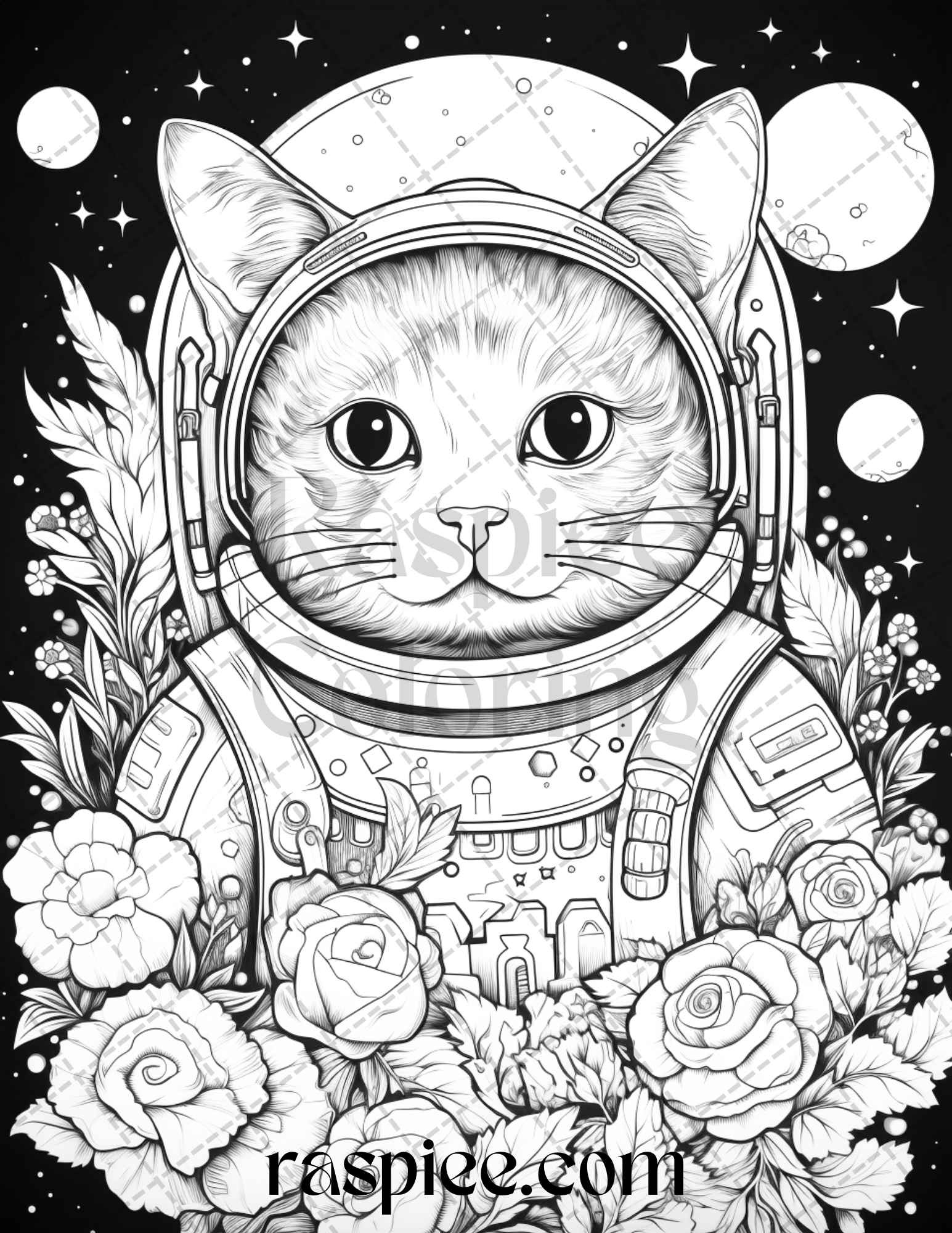 Cat astronaut grayscale coloring pages printable for adults kids p â coloring