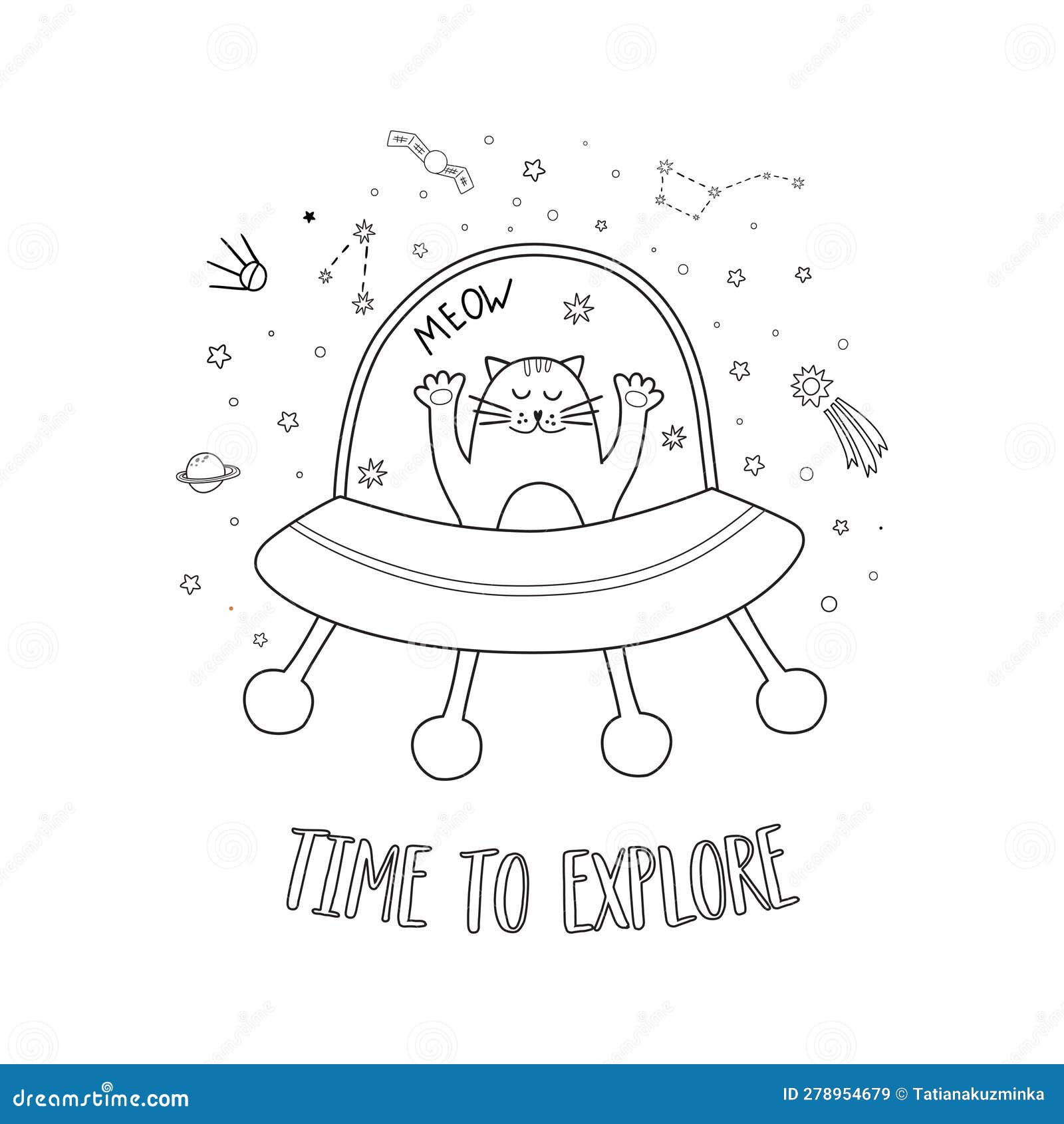 Easy coloring page of space cat astronaut in rocket cute coloring page for kids children game toddler activity stock vector