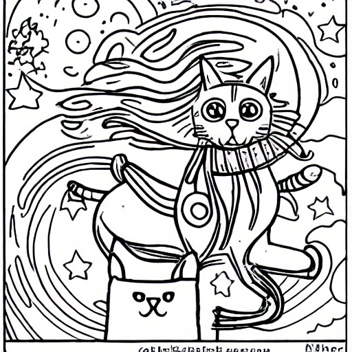 Coloring page of cat riding a horse in space