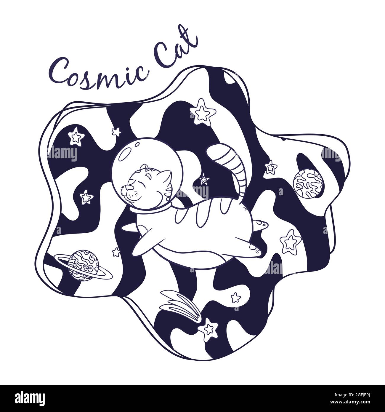 Cat astronaut in space coloring page hand drawn cute print with flying cosmic animal in galaxy for logo kids graphic tees prints stickers coloring book and nursery decor stock vector image