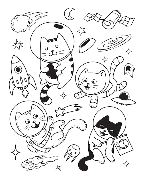 Space cat coloring pages vectors illustrations for free download
