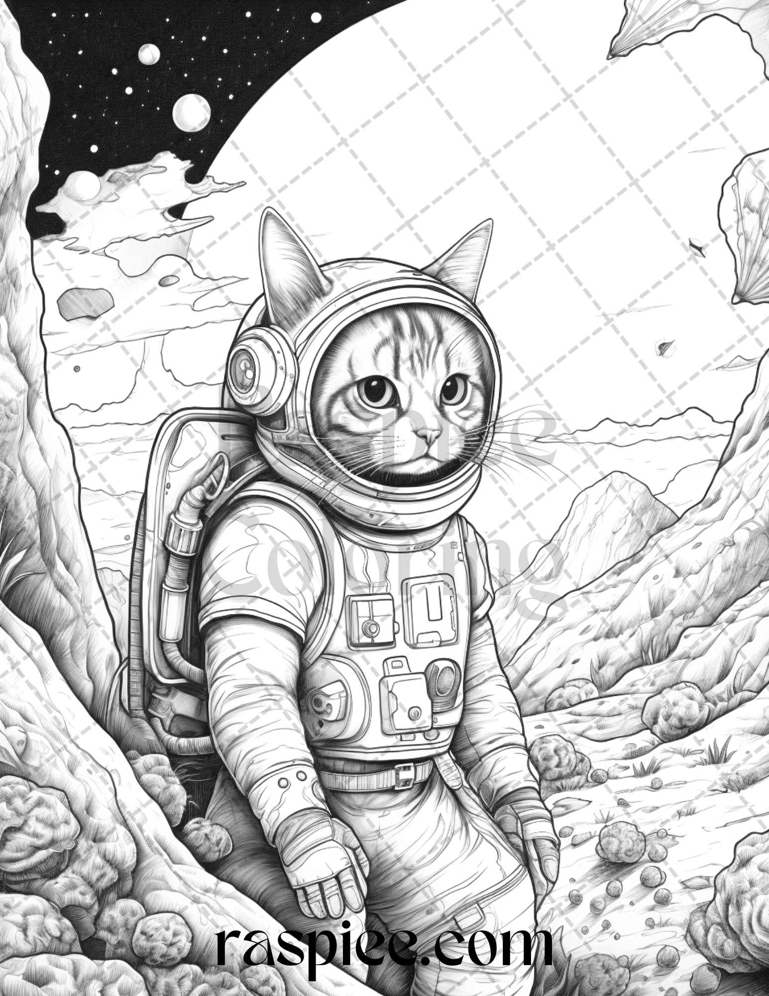 Cat astronaut grayscale coloring pages printable for adults kids p â coloring