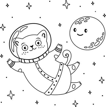 Vector childrens coloring book cute cat astronaut flies in space around the star and the moon smiles childrens coloring book