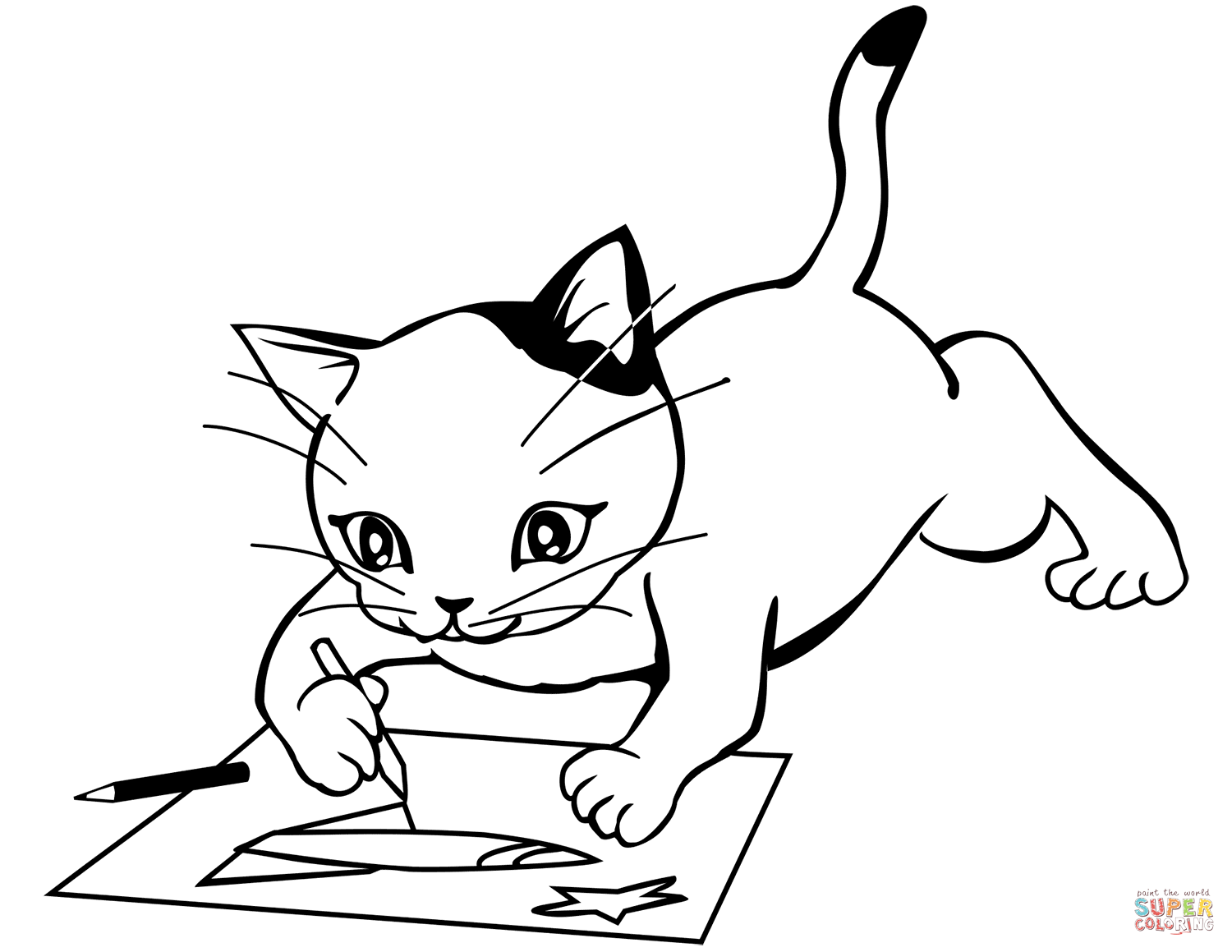 Kitten draws a space rocket coloring page free printable coloring pages