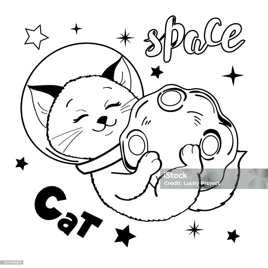 A cat in space plays with a planet childrens coloring on a white background isolated linear drawing vector illustration stock illustration