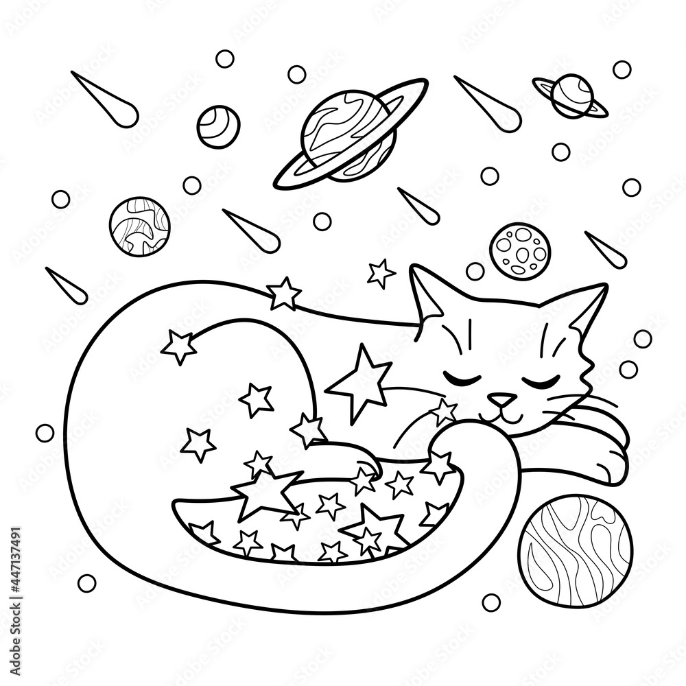 Coloring antistress page for adults and children space cat illustration