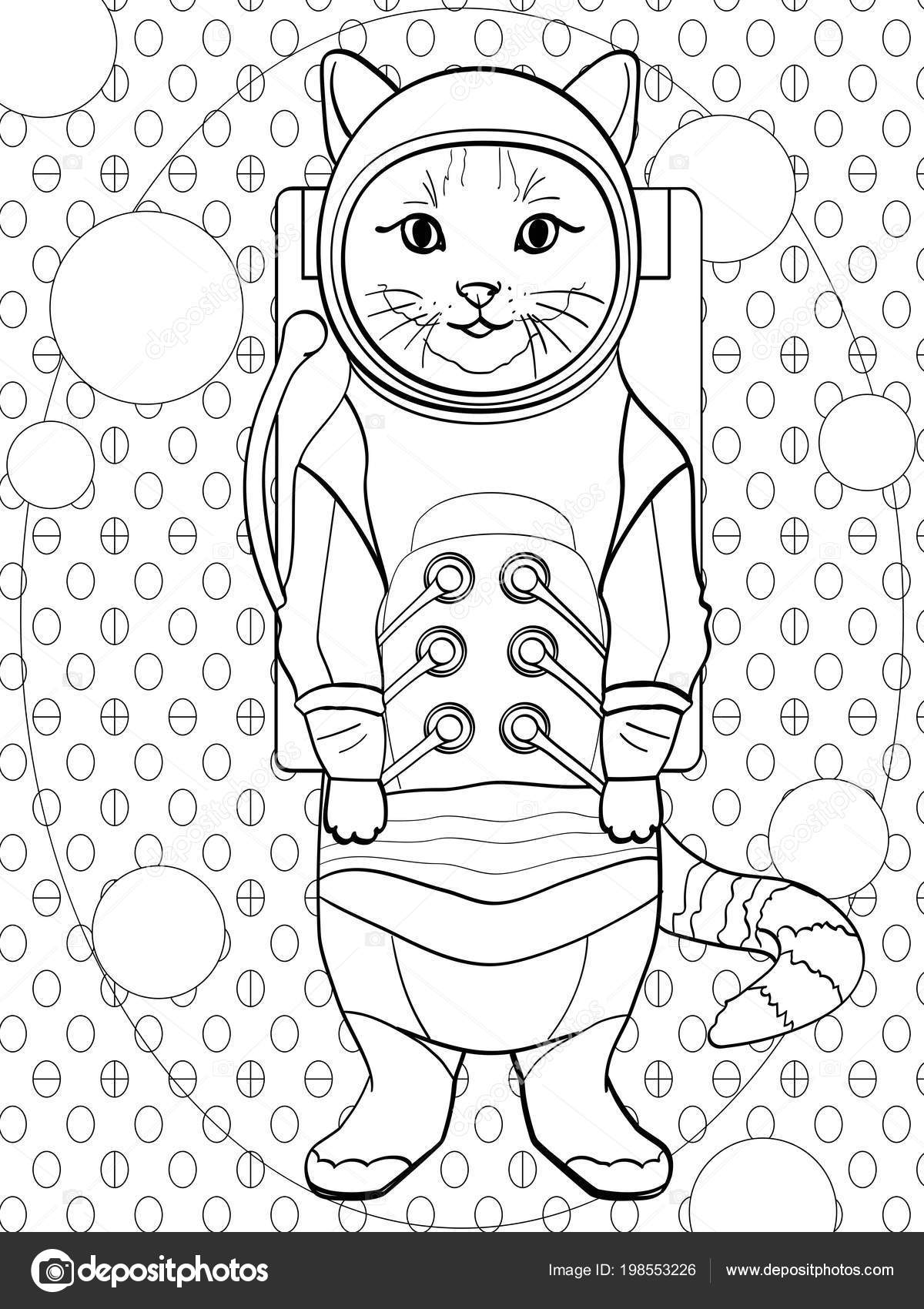 Pop art background children coloring black lines white background cat in a spacesuit and cosmonaut costume vector imitation ic style text bubble stock vector by toricheksgmail