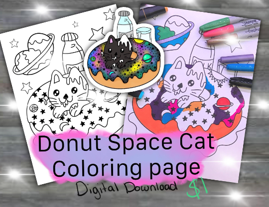 Donut space cat coloring page digital download