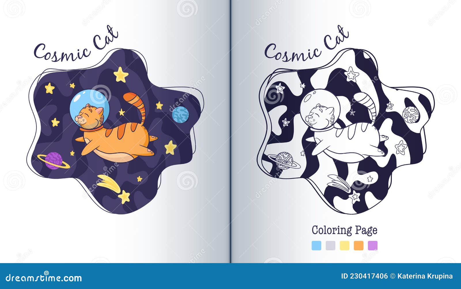 Cosmic cat in space coloring page cartoon style stock vector