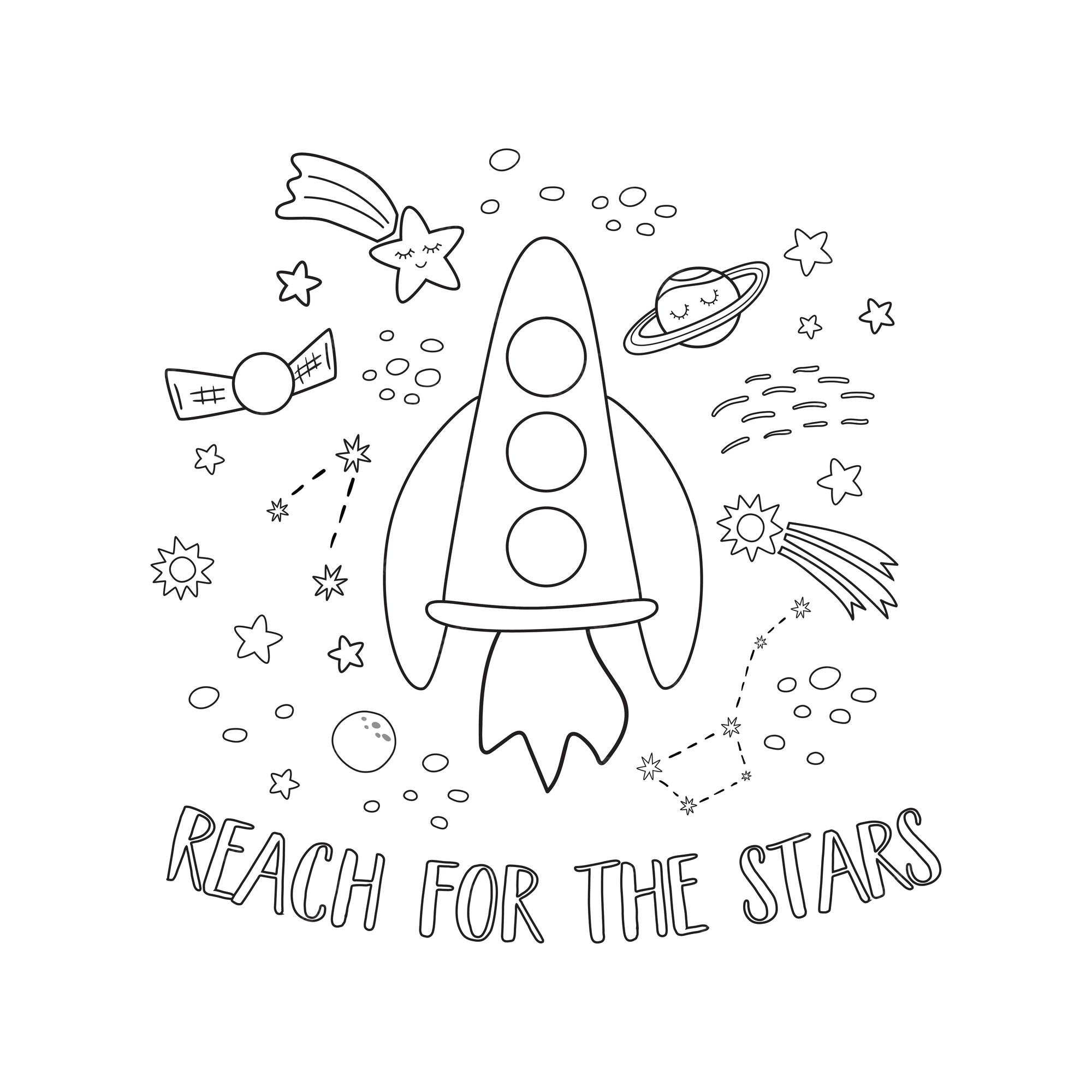Premium vector easy coloring page of space rocket stars planets in universe cute coloring page for kids children game toddler activity