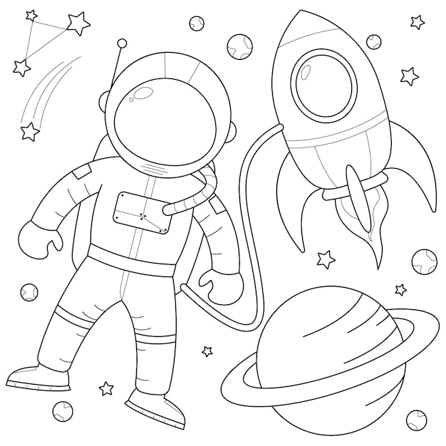 Premium vector astronaut with rocket in space suitable for childrens coloring page vector illustration