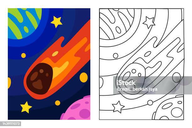 Meteor cross the space coloring page for kids drawing education simple cartoon illustration in fantasy theme for coloring book stock illustration
