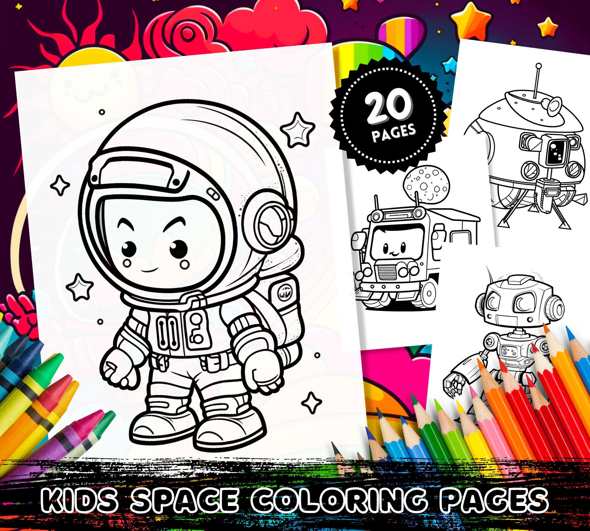 Printable kids space coloring pages featuring astronauts rockets planets stars and more