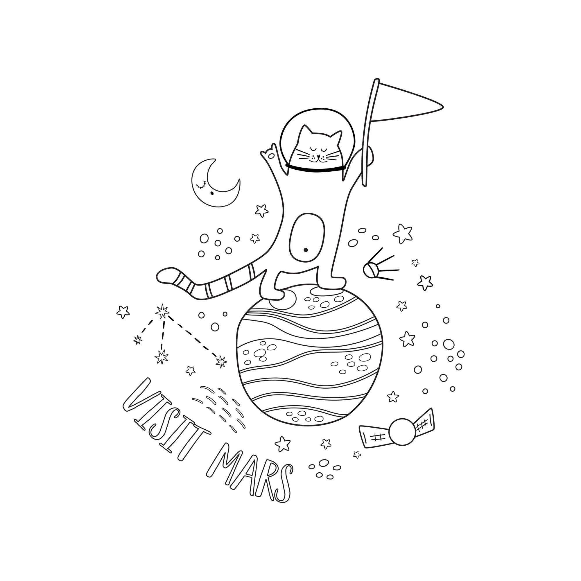 Premium vector easy coloring page of space cat astronaut on planet cute coloring page for kids children game toddler activity