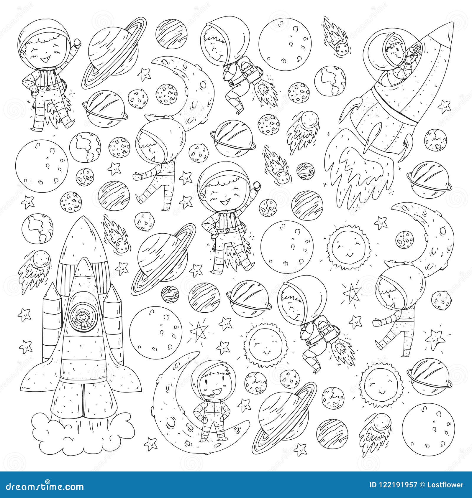 Space for children coloring page book kids and cosmos exploration adventures planets stars earth and moon rocket stock vector