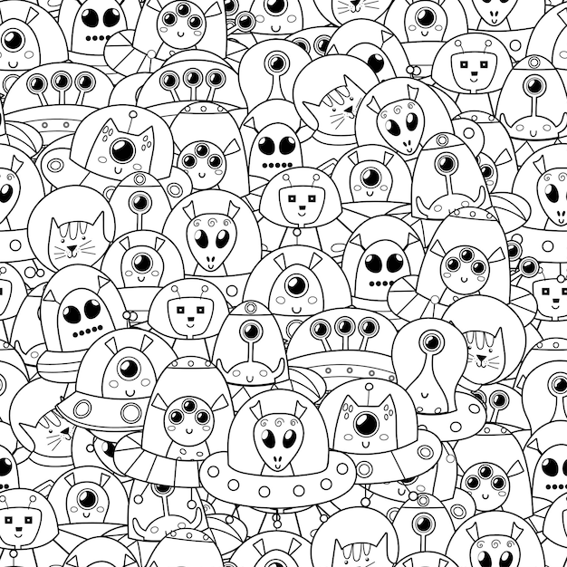 Premium vector doodle aliens seamless pattern space black and white coloring page for adult and kids with cute ufo