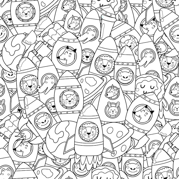 Premium vector cute animals in rocket seamless pattern space black and white coloring page for adult and kids