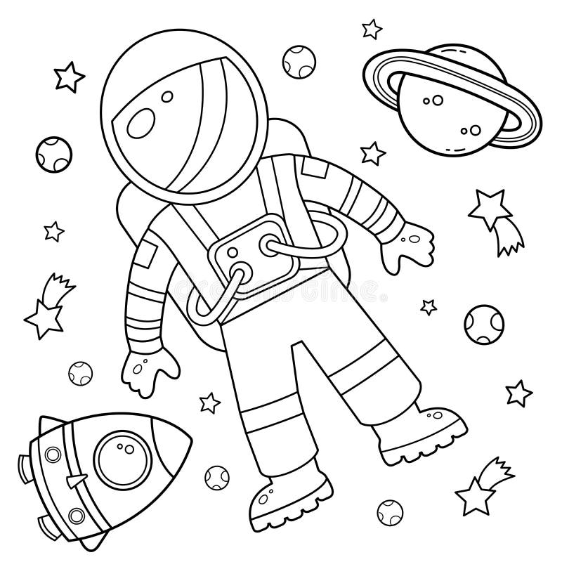 Coloring page outline of a cartoon rocket with astronaut in space coloring book for kids stock vector