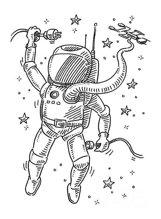 Astronaut in space trying to fix cable connection drawing jigsaw puzzle by frank ramspott