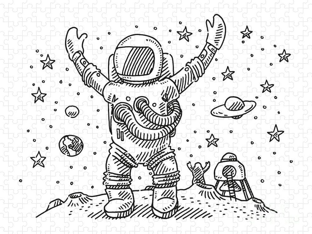 Cheering astronauts landing on the moon drawing jigsaw puzzle by frank ramspott