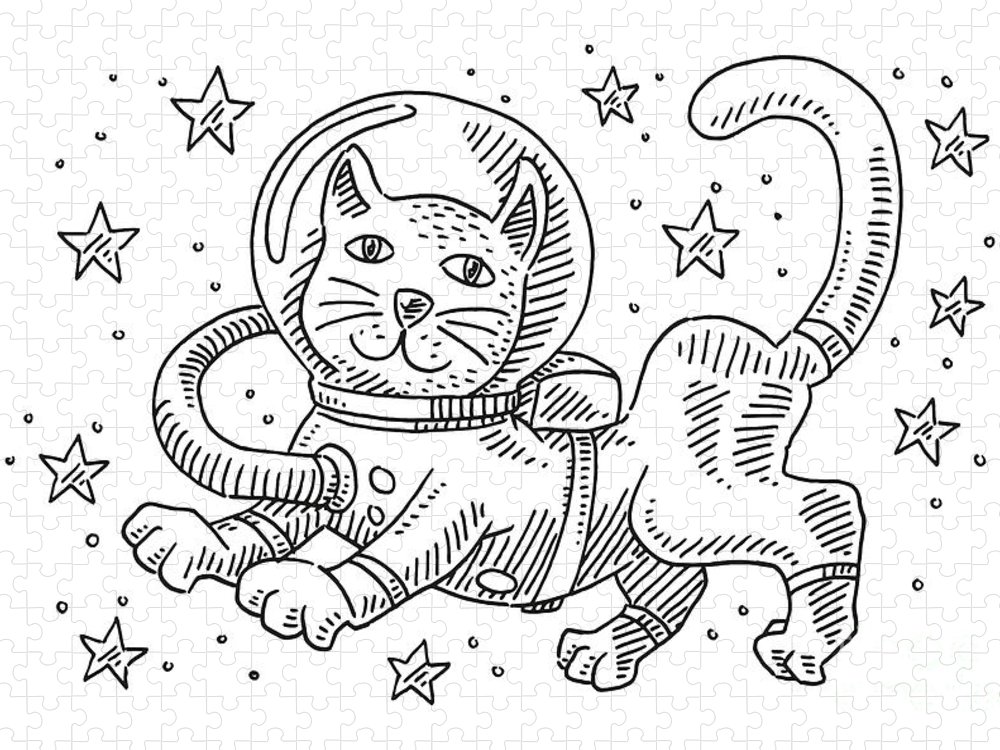 Cartoon cat in space suit drawing jigsaw puzzle by frank ramspott
