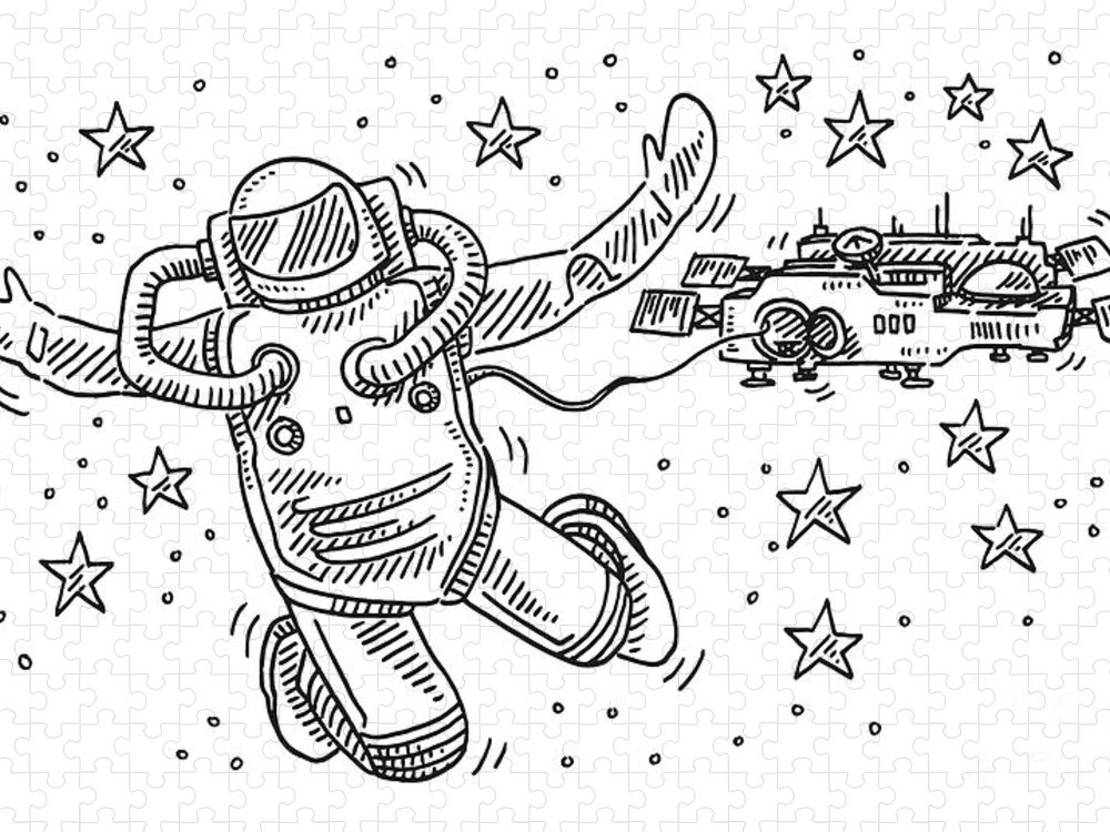 Cartoon astronaut floating in space drawing jigsaw puzzle by frank ramspott