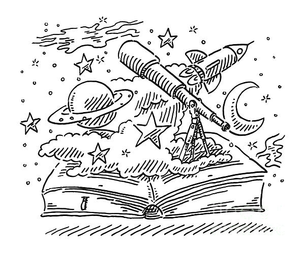 Space science open book concept drawing jigsaw puzzle by frank ramspott