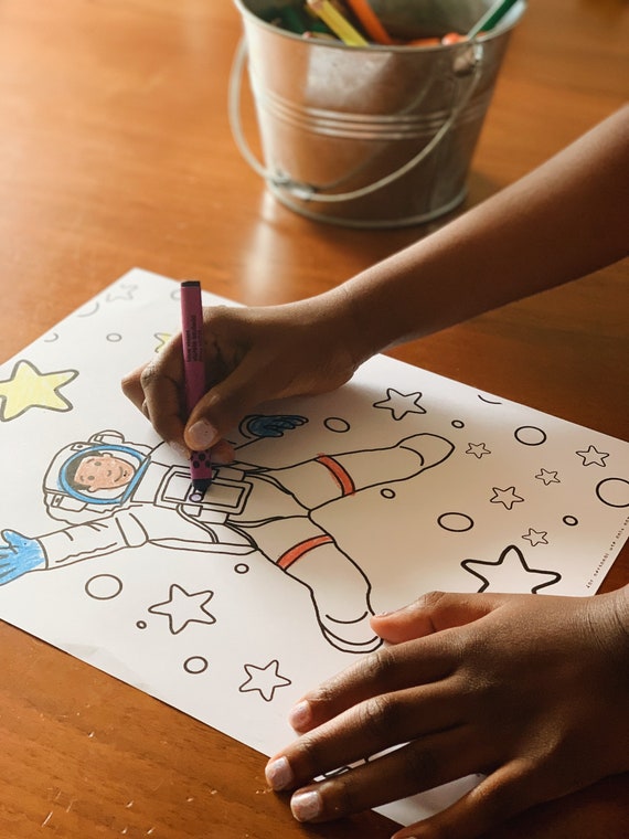Coloring page african american boy astronaut in space printable digital download