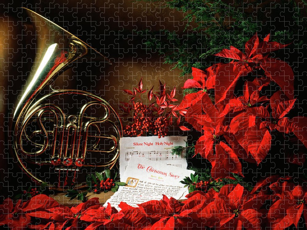 The christmas story and silent night sheet music french horn and poinsettias jigsaw puzzle by panoramic images