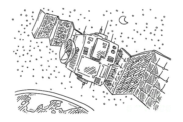 Satellite in orbit flying over planet earth drawing jigsaw puzzle by frank ramspott