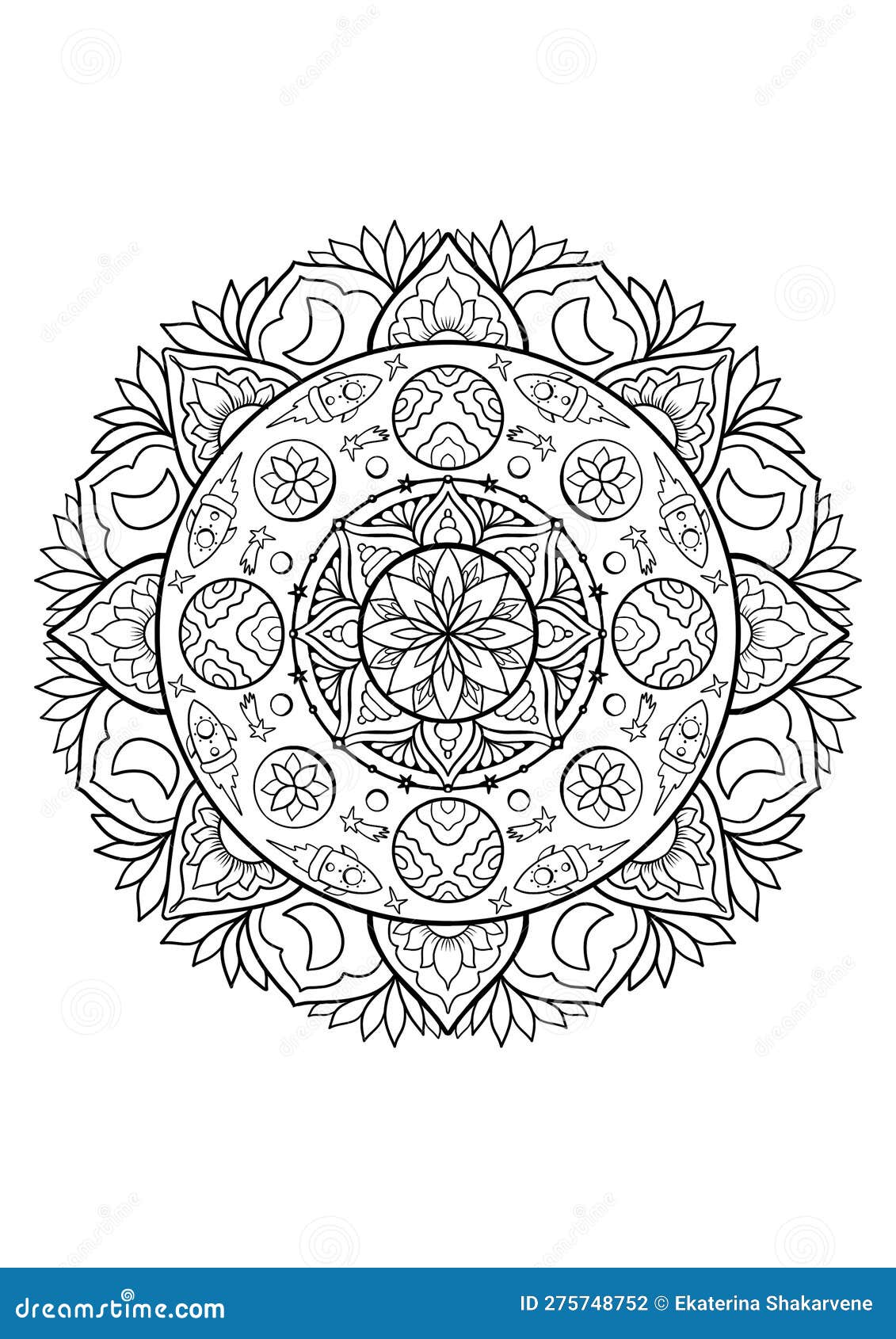 Celestial mandala adult coloring book page abstract ornate mandala with space elements rockets stars planets and moon stock illustration