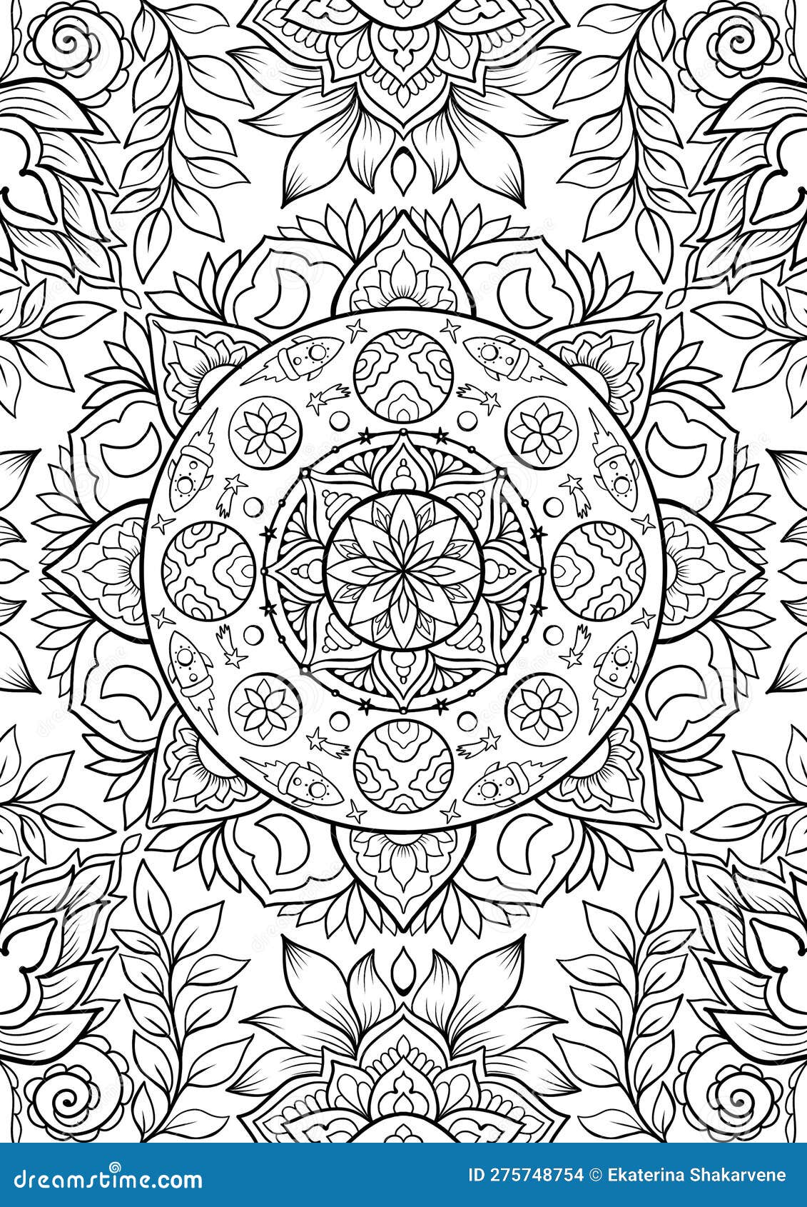 Celestial mandala adult coloring book page abstract ornate mandala with space elements rockets stars planets and moon stock illustration
