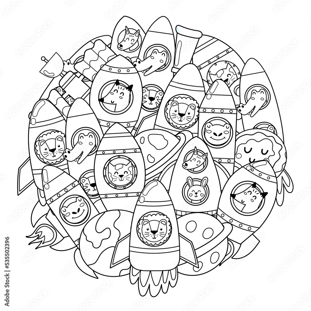 Space rockets with cute animals circle shape pattern for coloring book space adventure coloring page doodle style print for kids and adults vector illustration vector